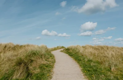 Sunlit beach path with grass and blue sky